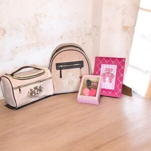 Juicy Couture 4PC Bundle Backpack, Cosmetic Train Case, Frame & Brush/BlenderSet
